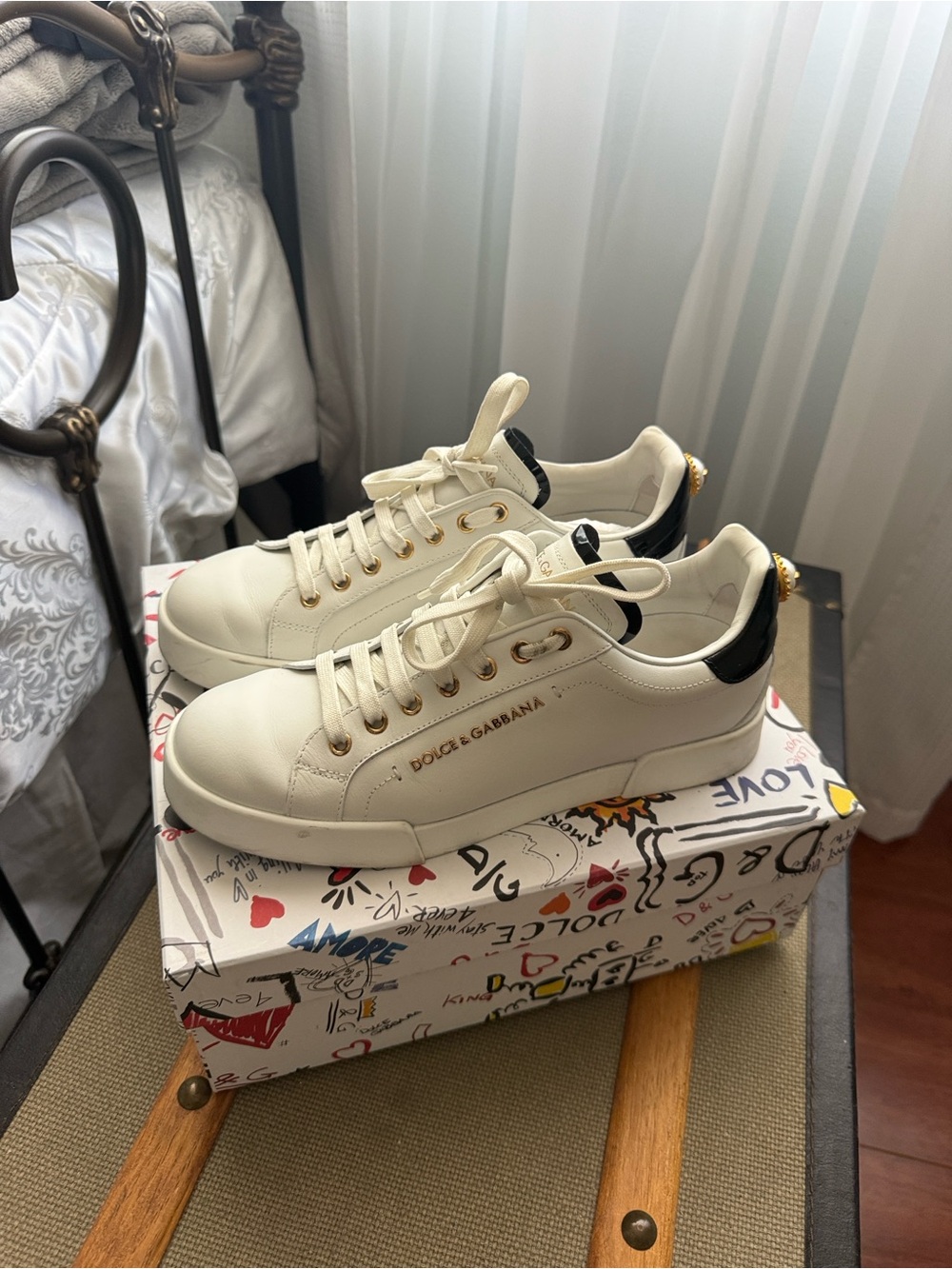 Dolce & Gabbana Cream Leather Sneakers with Black Heel Tab
